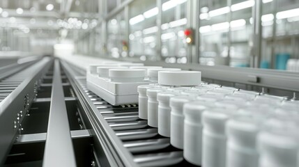 Fototapeta premium Automated production line in a modern manufacturing factory. Plastic containers on a conveyor belt. Industrial technology concept.