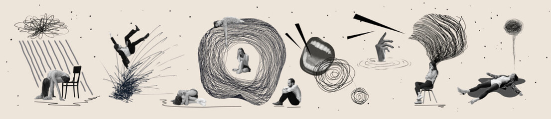 Contemporary art collage. People with tangled scribble heads, expressive gestures, and abstract elements, set against beige background. Concept of mental health, inner world, psychology, feelings. © Lustre Art Group 