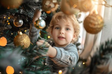 A joyful toddler is captured decorating a Christmas tree with festive ornaments and twinkling lights