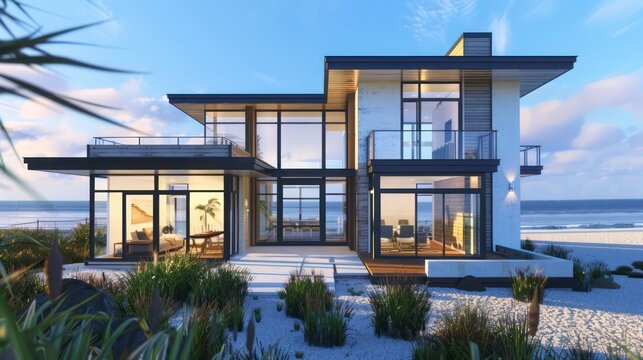 contemporary beach house with clean lines, large windows, and ocean views