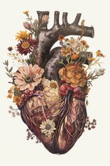 an anatomical heart with various flowers and leaves on white background