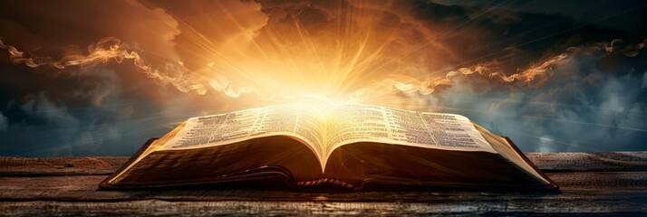 An open Bible with rays of golden light emanating from it