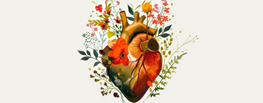 an anatomical heart with various flowers and leaves on white background