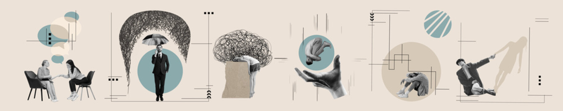 Banner. Contemporary art collage. People with tangled heads, under umbrellas, and in distressed poses, set highlighting emotional struggles and mental complexity. Psychology, feelings concept