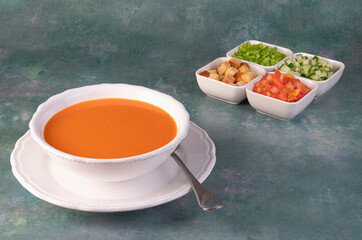 Andalusian gazpacho, cold soup based on tomato, pepper, garlic, olive oil