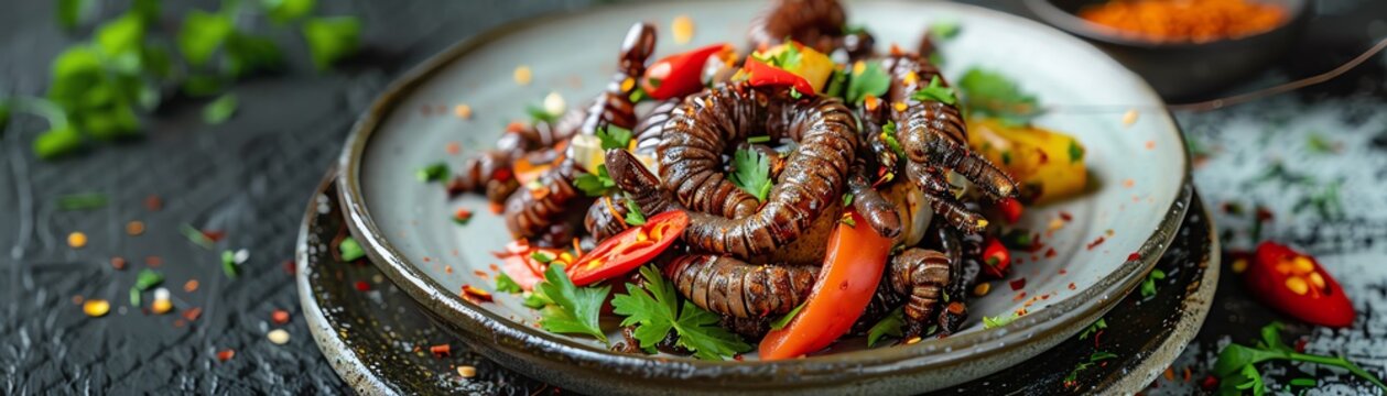 A visually stunning plate of Botswana mopane worms with spicy seasoning, served with pap and vegetables, on a rustic plate, bright daylight