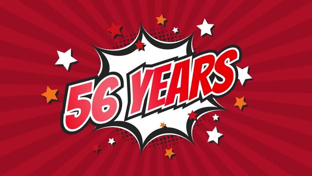 56th fifty-sixth anniversary - 56 fifty-six years birthday. Animated text on pop colorful background with rotating rays.