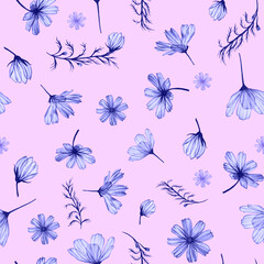 Attractive pattern of painted cosmos flowers. Blue flowers on a pink background, repeating patterns for textiles, scrap, design and decoration.