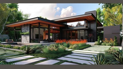 Stunning modern house with a minimalist design, featuring an open plan layout, large windows, lush garden, and spacious outdoor areas.