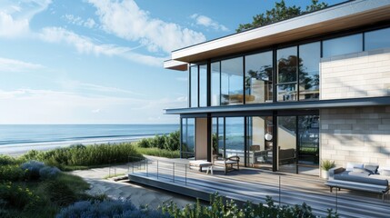 Obraz premium contemporary beach house with large windows and a spacious deck overlooking the ocean