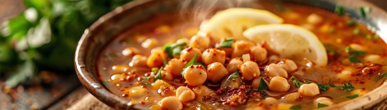 A visually stunning Tunisian lablabi with chickpeas in a spicy broth, garnished with harissa and lemon wedges, served in a traditional bowl, steam rising, bright daylight