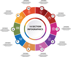 Collection of vector circle chart infographic templates for presentations, advertising, layouts, annual reports. 10 options, steps, parts	
