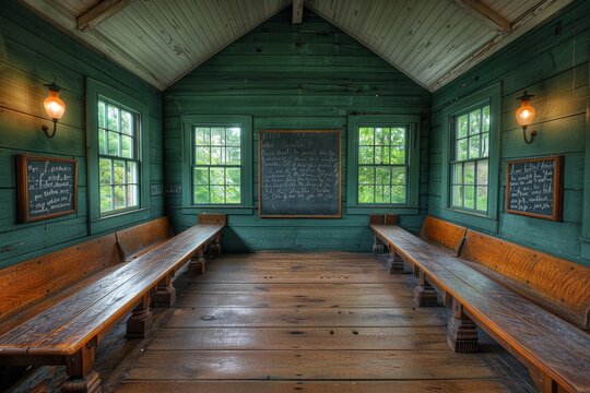 Empty Wooden Benches in a Historic Green One-Room Schoolhouse