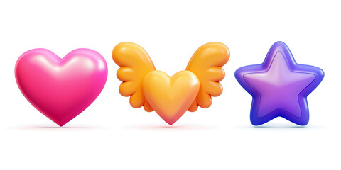 vibrant 3d cartoon style icons of pink golden heart with wings purple star for video game assets isolated on white background