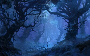 A mysterious jungle with old trees and foggy environment in blue hue