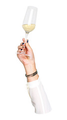Png champagne glass in hand sticker, transparent background © Rawpixel.com