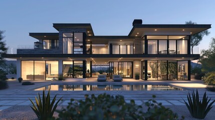 Obraz premium contemporary desert home with clean lines, large windows, and a swimming pool