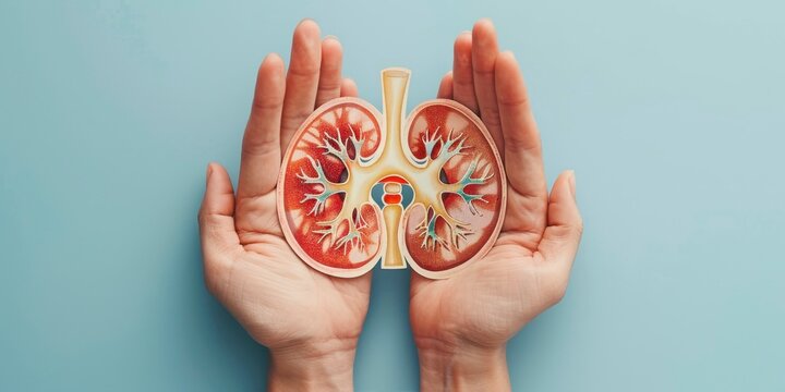 Hands holding a paper cut art of a human kidney on a blue background