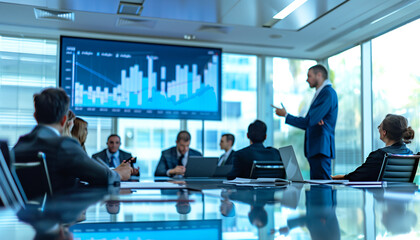 Medium-sized business professionals meeting with financiers in a sleek conference room, discussing financial projections and investment opportunities for their startup.
