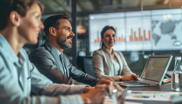 Medium-sized business professionals meeting with financiers in a sleek conference room, discussing financial projections and investment opportunities for their startup.