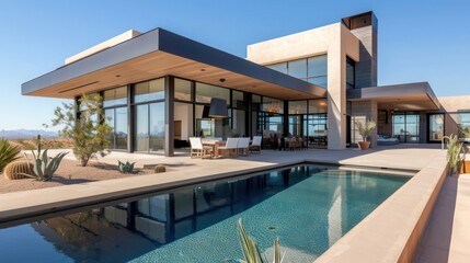Obraz premium contemporary desert home with clean lines, large windows, and a swimming pool