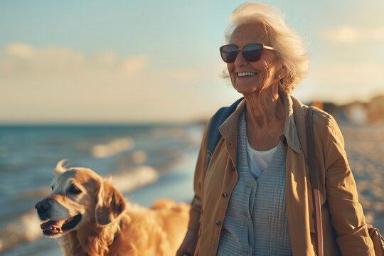 An elderly woman walking along a sun-drenched beach with her dog. The woman is smiling and carefree. She enjoying a leisurely day of retirement.