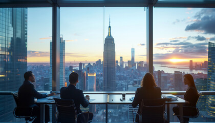 Medium business professionals meeting with financiers in a high-rise office, discussing funding and growth opportunities for their expanding company.