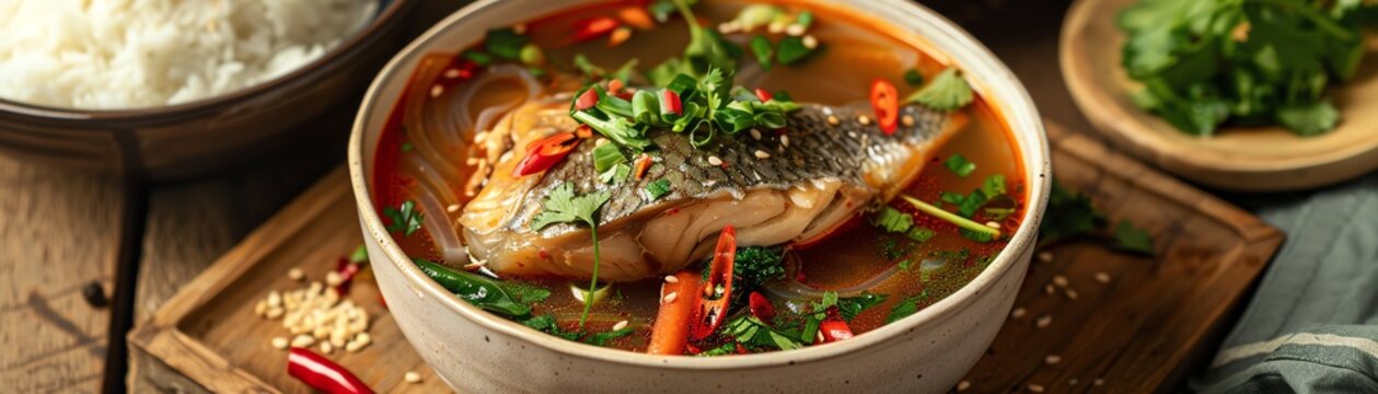 Filipino sinigang na isda, a sour fish soup with tamarind broth, vegetables, and fresh herbs, served in a deep bowl with a side of steamed rice
