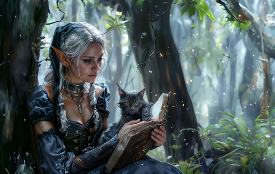 Mujer hechicera elfa con libro m&aacute;gico y gato