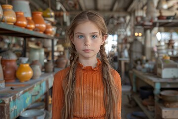 Young Girl Wearing Orange Sweater Poses In Pottery Shop