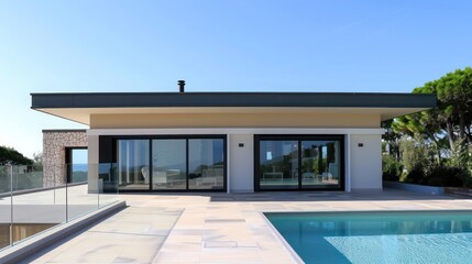 contemporary home with a flat roof, large glass doors, and a private pool