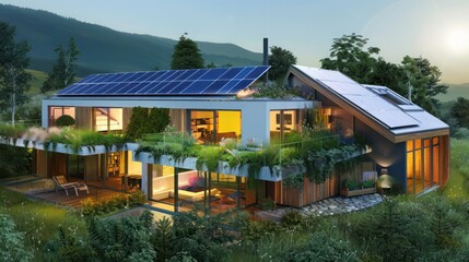 contemporary eco-friendly home with solar panels, green roof, and sustainable materials