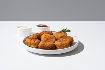 Plato de croquetas fritas con salsa de tomate y mayonesa aperitivo sobre fondo gris	
