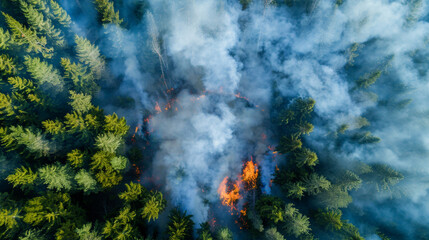 Catastrophic pine forest fire. Smoke and orange flames rise high. Natural disaster. Top view.