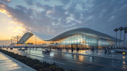 Obraz premium A small sharp angular domestic airport terminal, metal glass, luxury street view. out side. Generative AI.