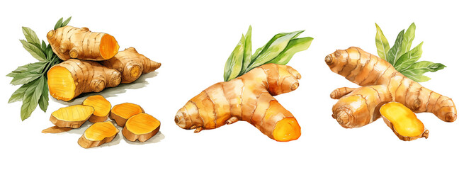  set clipart turmeric root watercolor illustration on transparent background