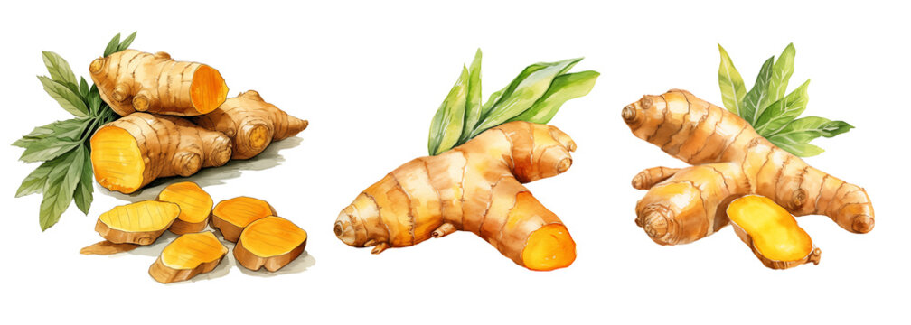  set clipart turmeric root watercolor illustration on transparent background