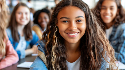 Smiling African American teenager schoolgirl sitting at the desk in classroom. School, education concept. Back to school.