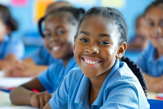 Happy African American teenager schoolgirl in blue uniform sitting in classroom with classmates. School, education concept. Back to school.
