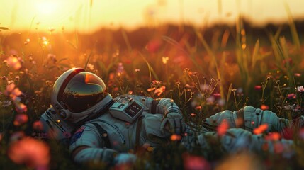 astronaut in a field with wild flowers growing