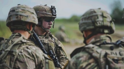 Fototapeta premium Soldier on Deployment: While on deployment, a soldier communicates with fellow soldiers, coordinating their actions and sharing critical information to complete the mission successfully 