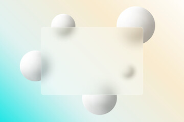 Glass morphism website landing page template. Frosted glass partition with floating spheres.
