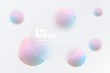 Abstract minimalistic presentation background in glass morphism style. Landing page template round banner with spheres.
