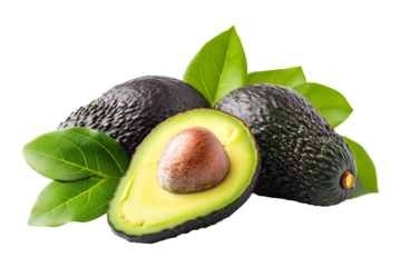Fresh avocado with leaves  isolated on transparent background