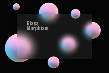 Banner made of transparent frosted glass with spheres on a black background.