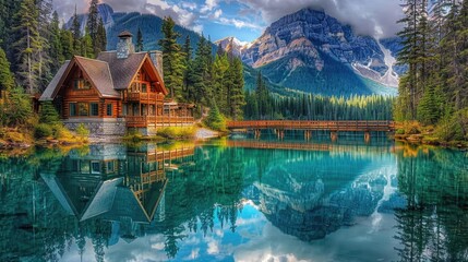 Fototapeta premium Lodge at Emerald Lake Resort, Alpine Cabin on Canadian Mountain Lake