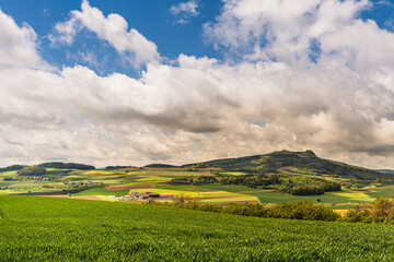 Hegau landscape with fields and meadows, view to the Hohenstoffeln, Hilzingen, Baden-Wuerttemberg, Germany
