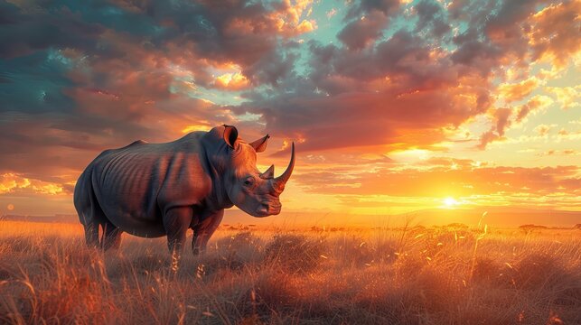 Sunset View of a White Rhinoceros in Khama Rhino Sanctuary, Kenya