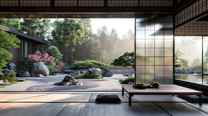 Fototapeta premium Traditional Japanese house overlooking the beautiful harmonious Japanese rock garden and bonsai, soft light