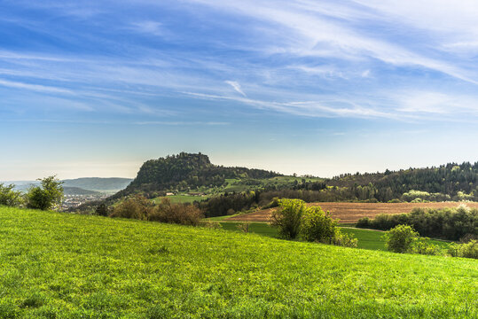 View of the Hegau volcano Hohentwiel, Hilzingen, Baden-Wuerttemberg, Germany